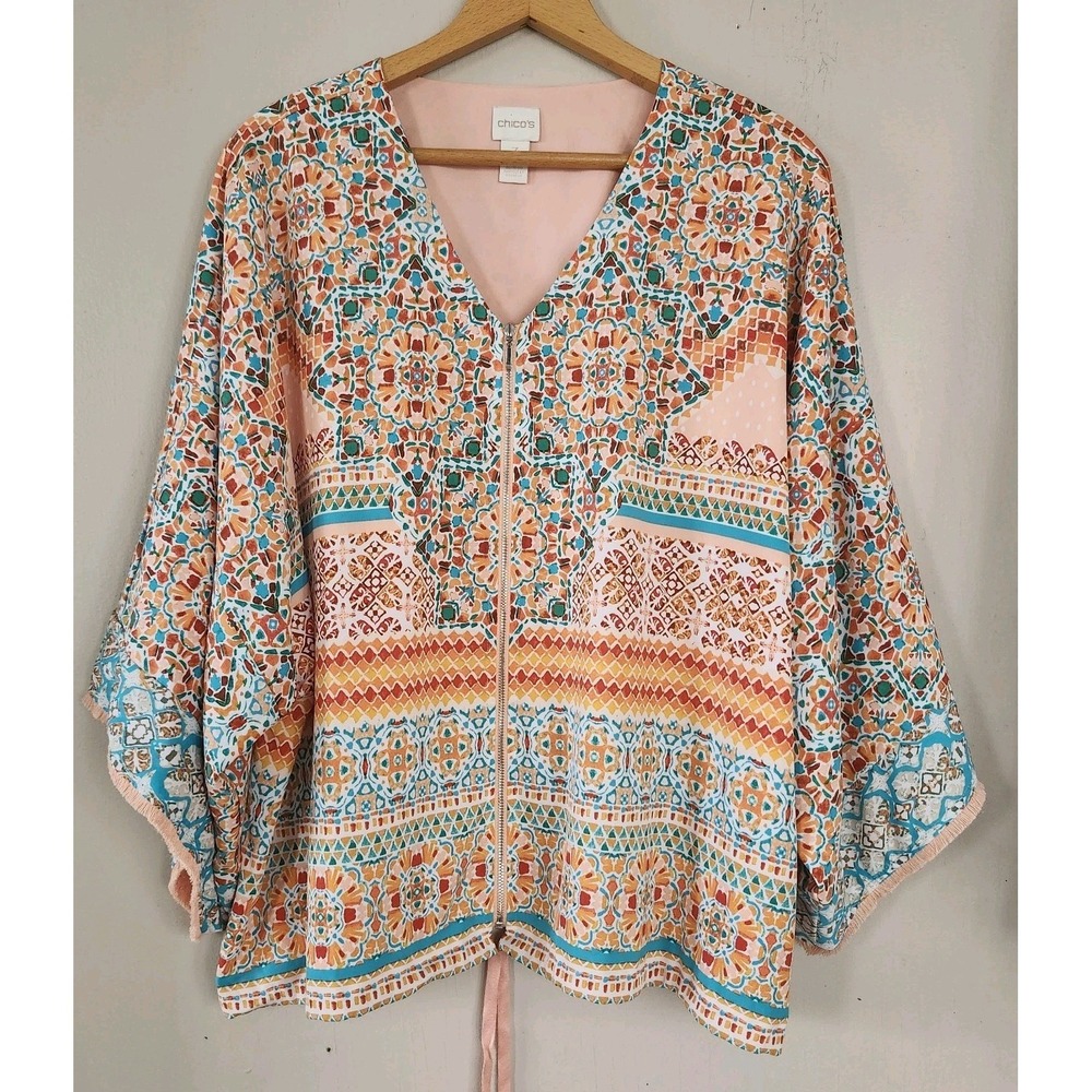 Chicos Womens 3 XL Chiffon Mosaic Fringed Kimono Sleeves Top Zip Front Boho